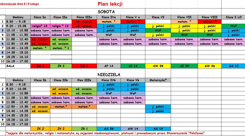 Plan lekcji -8-9 lutego – zabawa karnawałowa