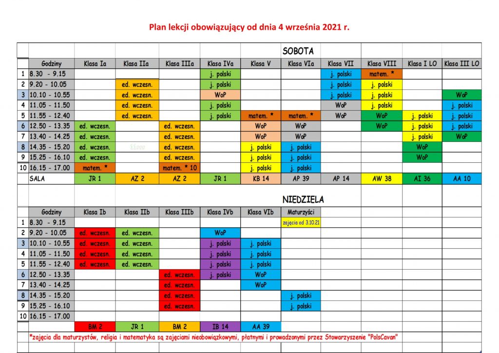 Pan lekcji obowiązujący od 4 września 2021 r.
