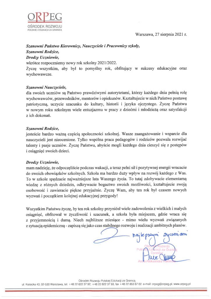 List Dyrektora Ośrodka Rozwoju Polskiej Edukacji za Granicą z okazji rozpoczynającego się nowego roku szkolnego