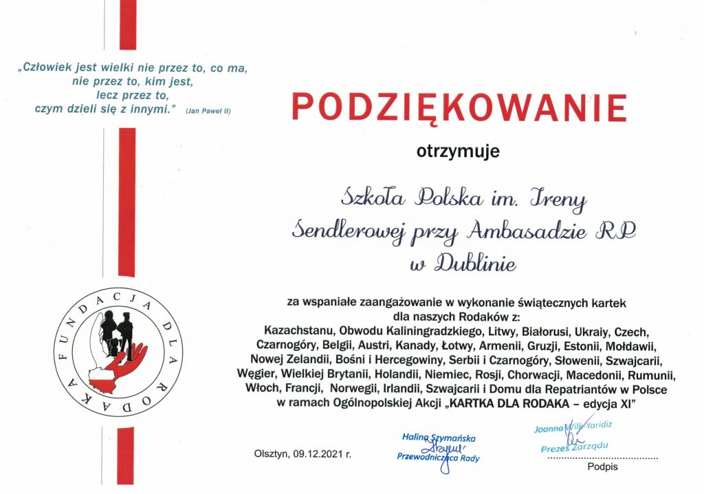 Podziękowania za udział w akcji „Kartka dla Rodaka”