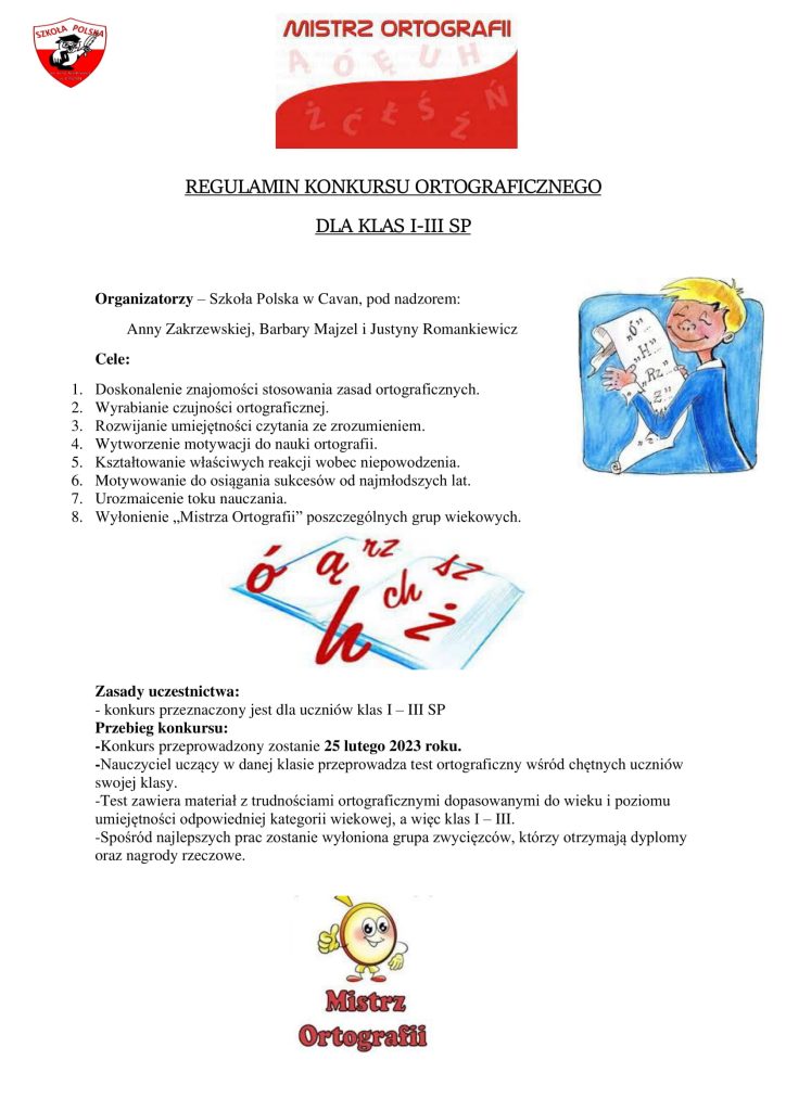 Regulamin konkursu ortograficznego dla uczniów klas 1-3