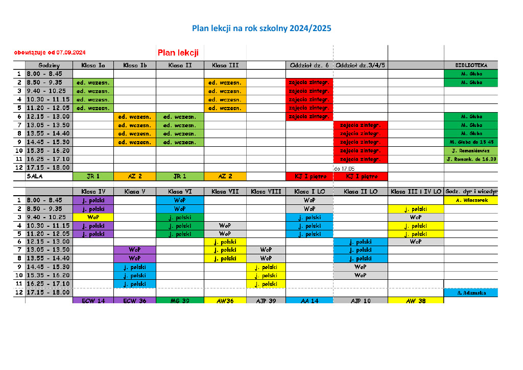Plan lekcji na rok szkolny 2024 2025