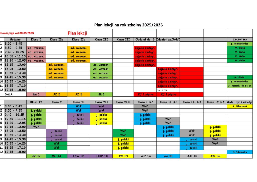 Plan lekcji na rok szkolny 2025/2026