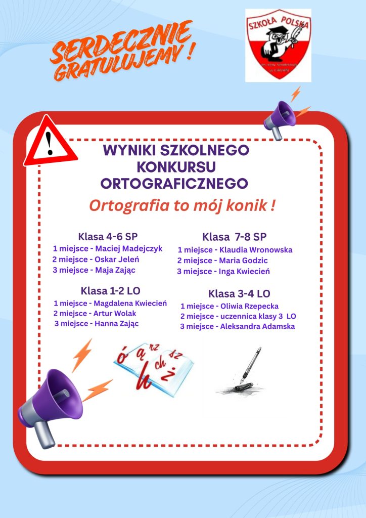 Wyniki Szkolnego Konkursu Ortograficznego pt. „Ortografia to mój konik”.